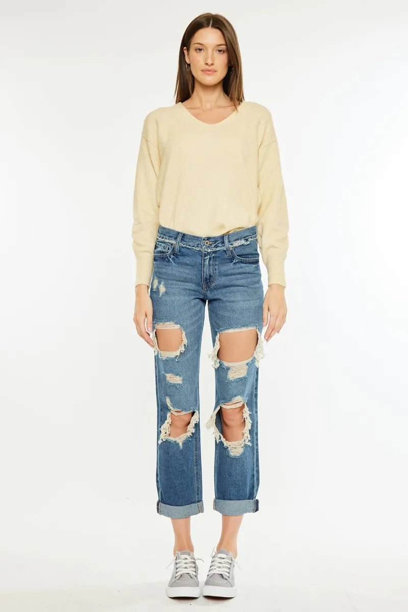 Kancan Distressed Mid Rise True Boyfriend Jeans - Bela Fils BoutiqueBela Fils Boutique
